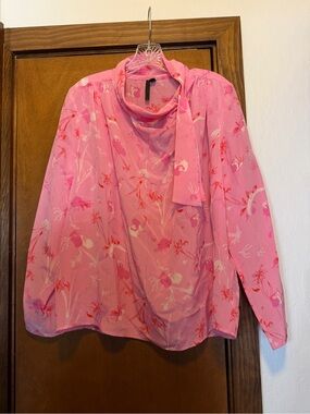 Top Shop Pink Floral Tie-Neck Blouse